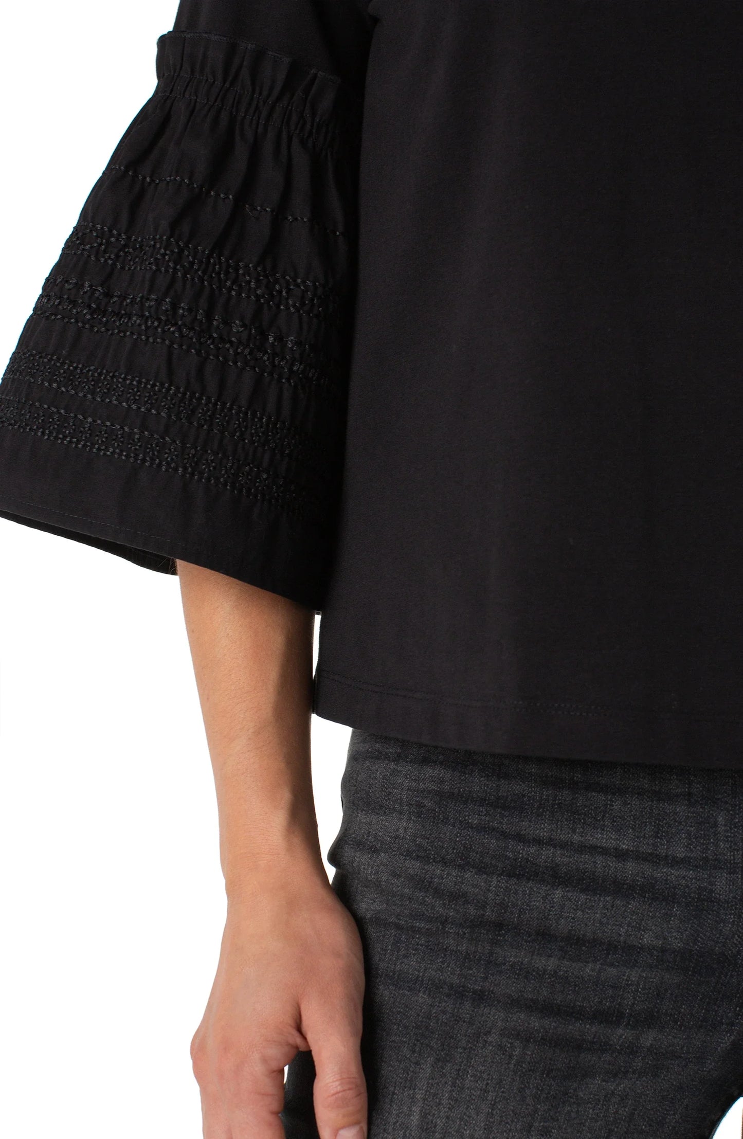3/4 Sleeve Embroidered Knit To Woven Top