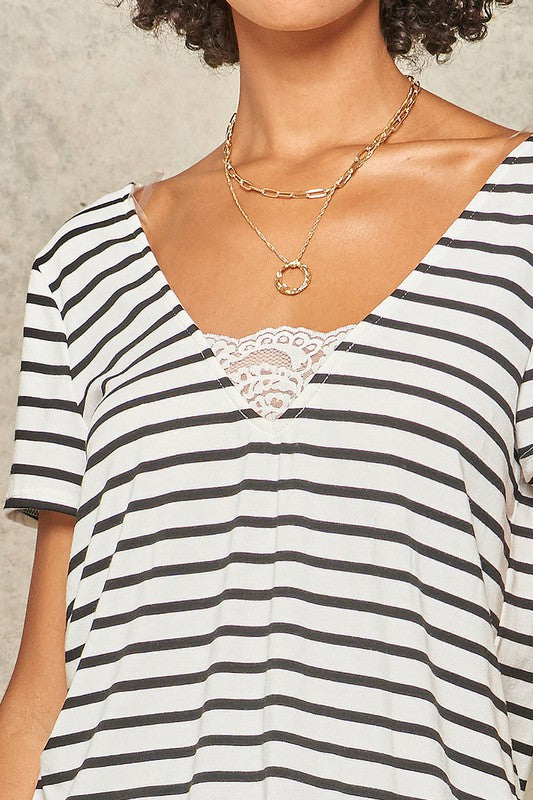 Lace-Trimmed Striped Short Sleeve Top
