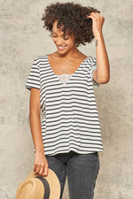 Load image into Gallery viewer, Lace-Trimmed Striped Short Sleeve Top
