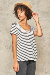 Lace-Trimmed Striped Short Sleeve Top