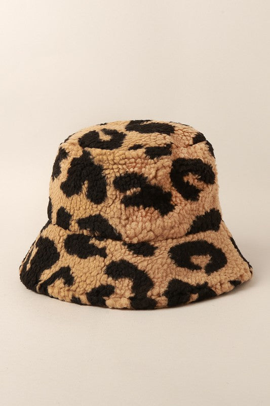 Winter Leopard Teddy Sherpa Bucket Hat