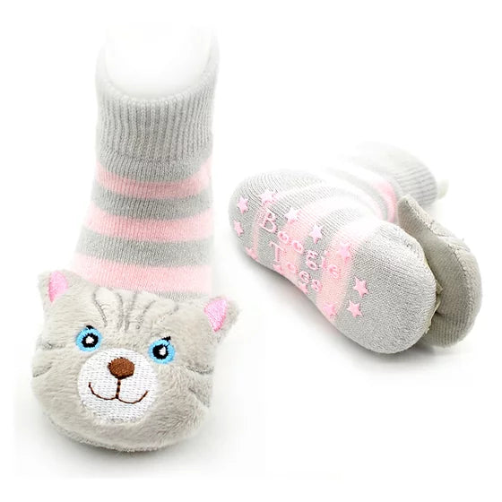 Gray Pink Cat Boogie Toes Rattle Toddler Socks
