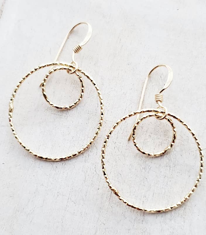 Gold Double Circle Diamond Cut Earrings