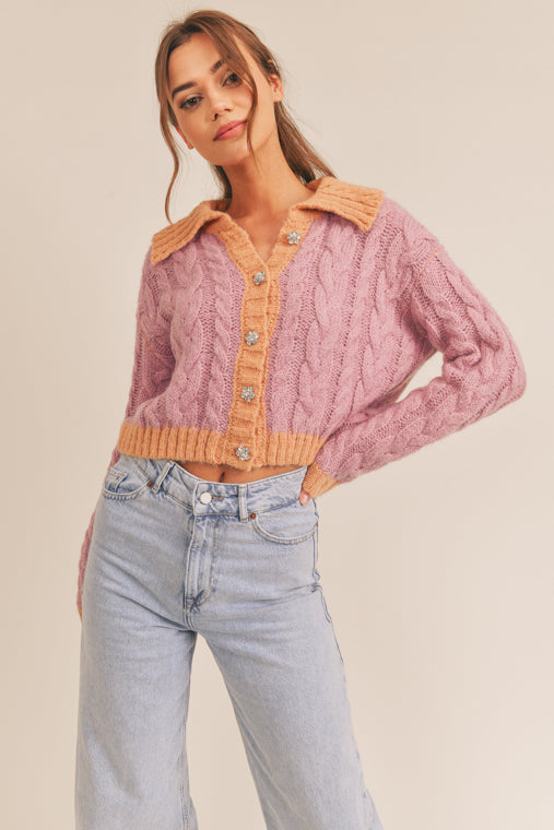 Shayla Rhinestone Button Cable Knit Cardigan